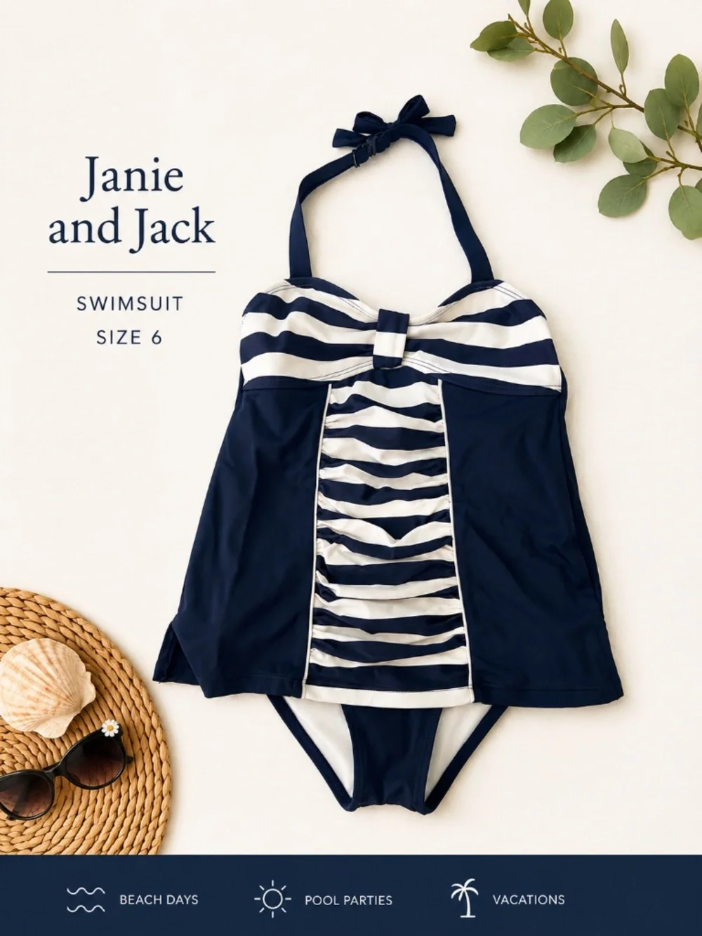 Janie and Jack Navy Stripe Tankini Swimsuit Girls Size 6 EUC